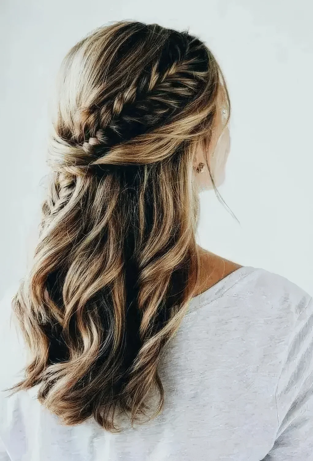 Boho chic wedding half updo with twists and a large French braid.