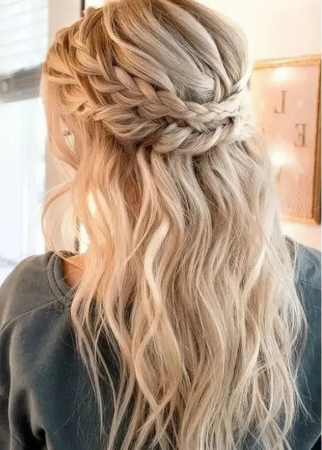 Boho wedding half updo with a messy voluminous top, a double braided halo and waves down plus bangs.