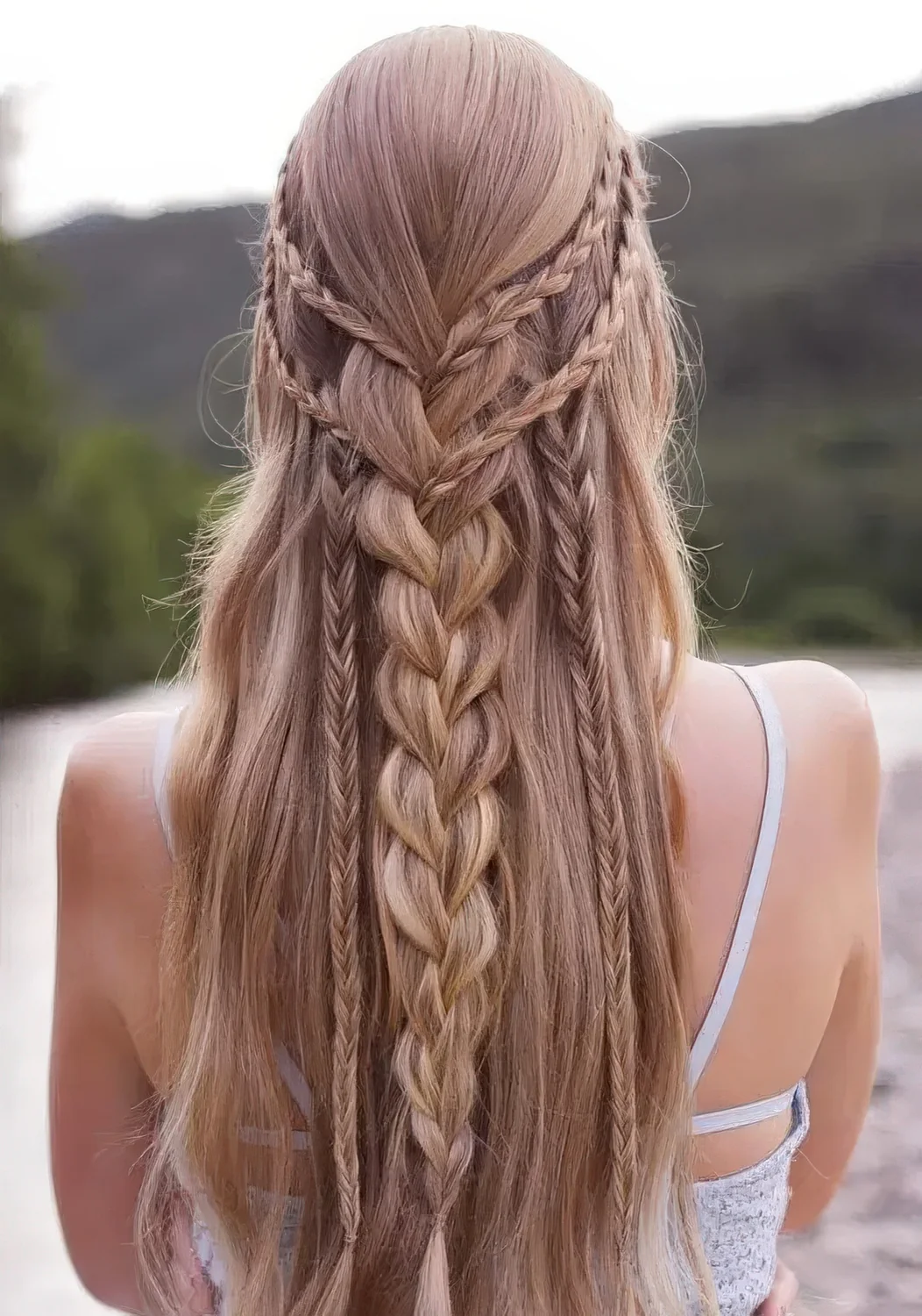 Braided half updo with several small and large braids down and long hair down.