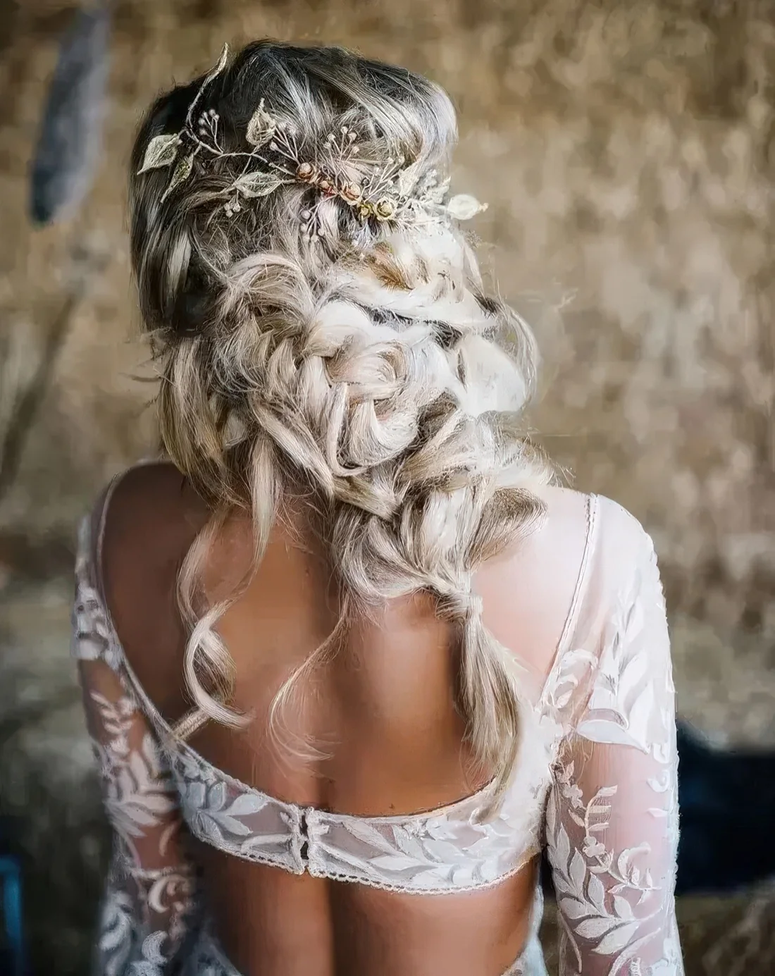 Twisted and braided half updo with locks down and a beautiful embellished hair vine.