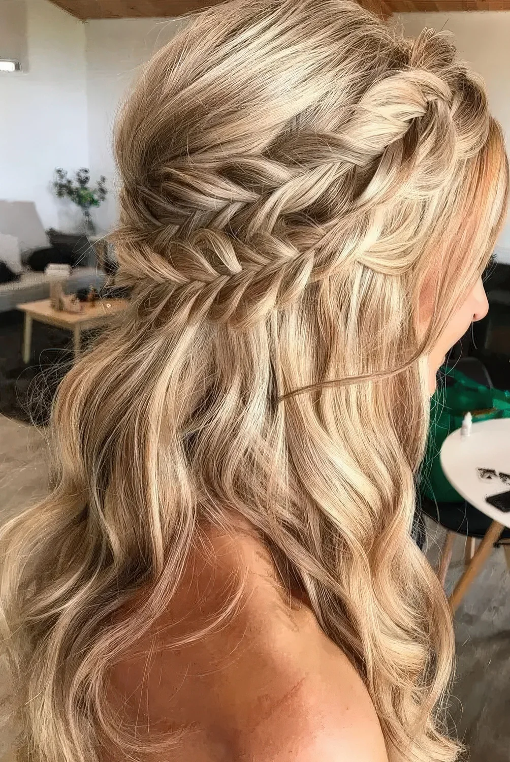 Boho half updo with a double braided halo and waves down plus a bump requires no accessories as it's gorgeous itself.