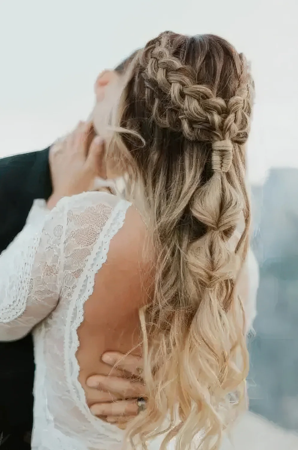 Wedding hairstyle with a bubble ponytail.