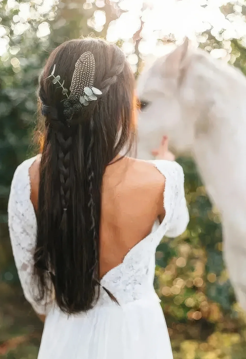 Half updo with braids hanging down adorned with a feather, berries and eucalyptus.
