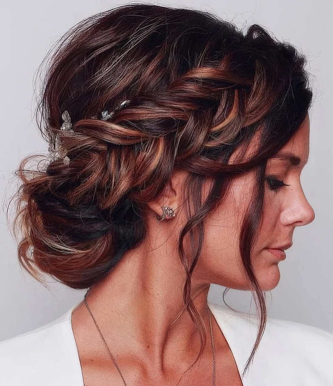 Photo showing messy updo, with the hairstyle clearly visible.
