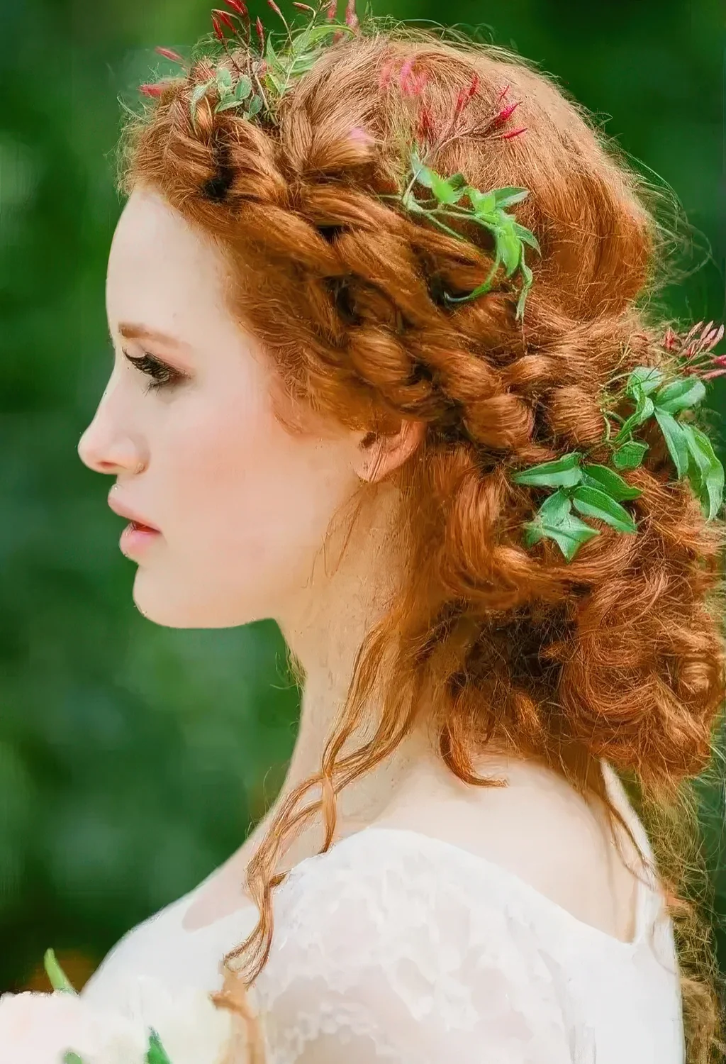 Boho messy braided low updo with fresh leaves tucked in and some locks down for a forest or fairytale bride.
