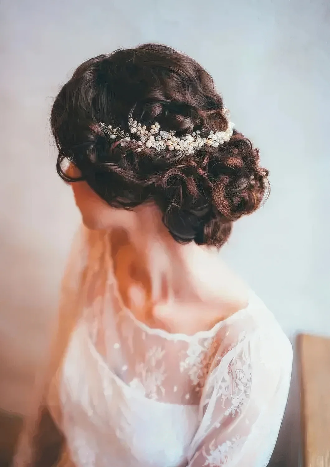 Braided low updo on long hair, with a braided top and a luxurious beaded hair vine.
