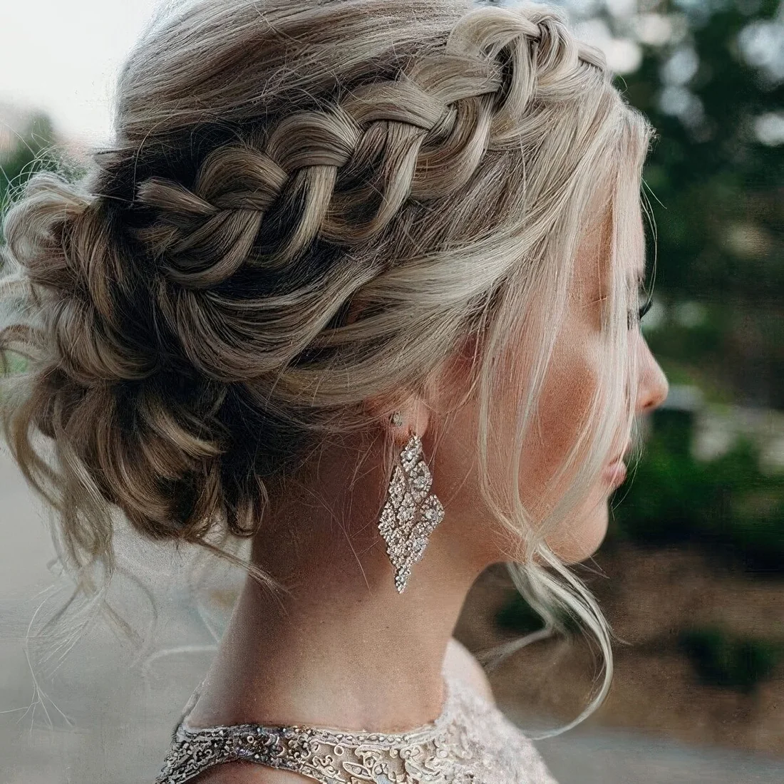 Braided updo with a bump on top and a messy low bun plus some face-framing bangs.