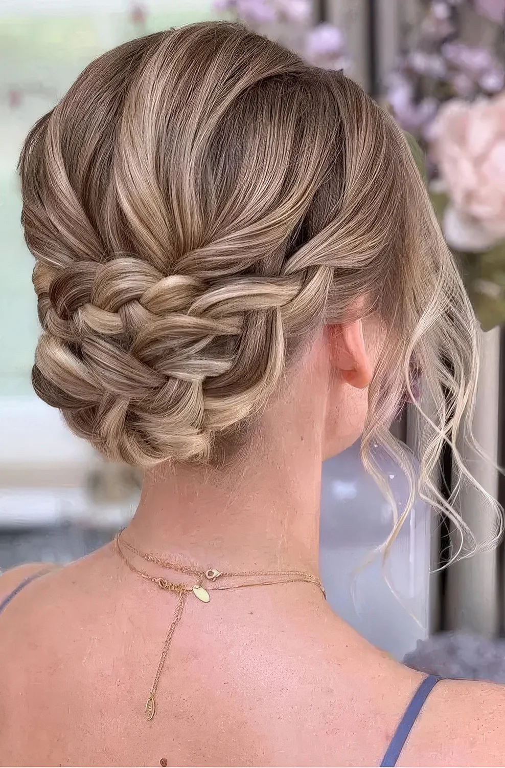 Braided updo with a volume on top and waves down.