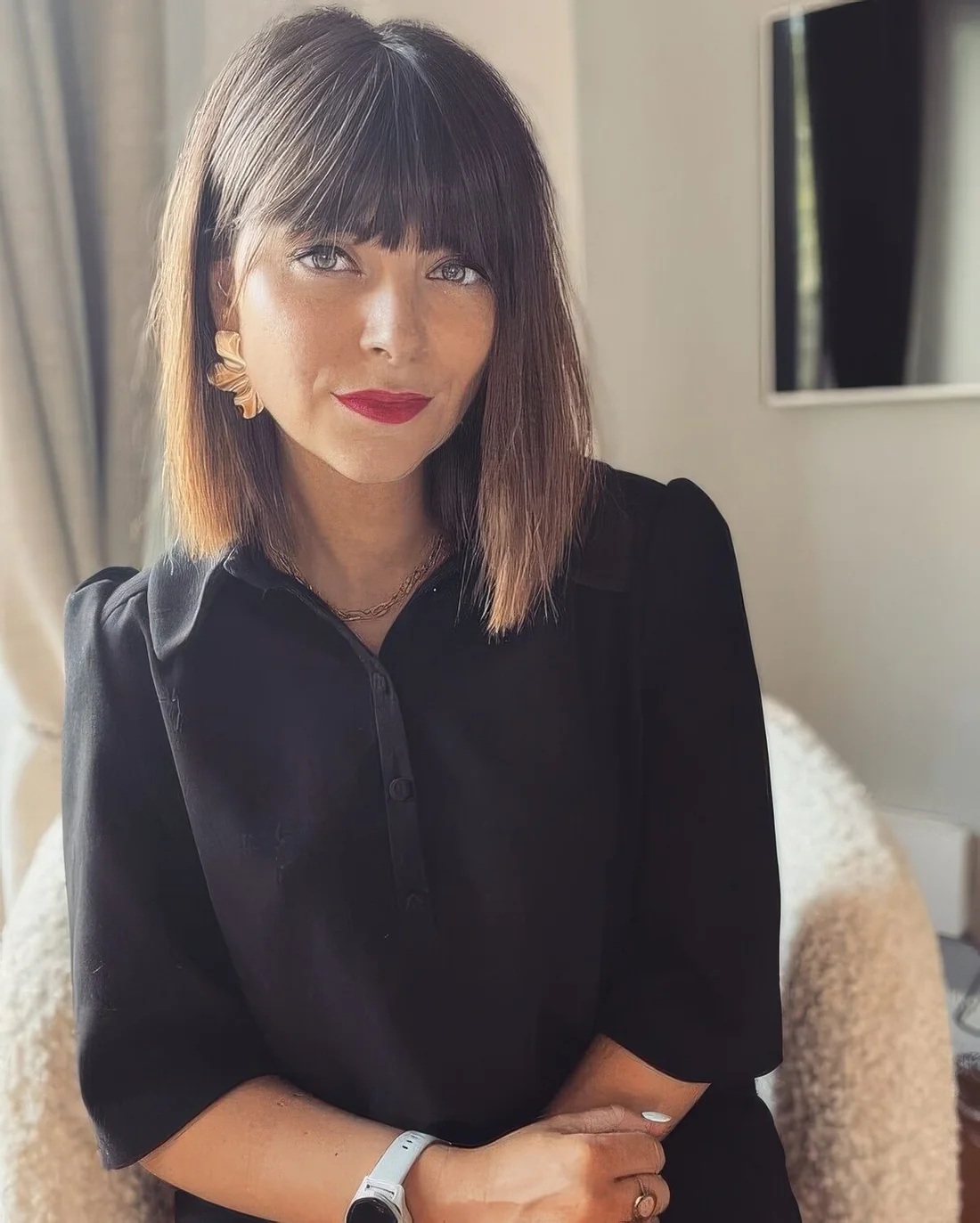 Dark brunette long bob with a caramel ombre touch and a classic fringe.