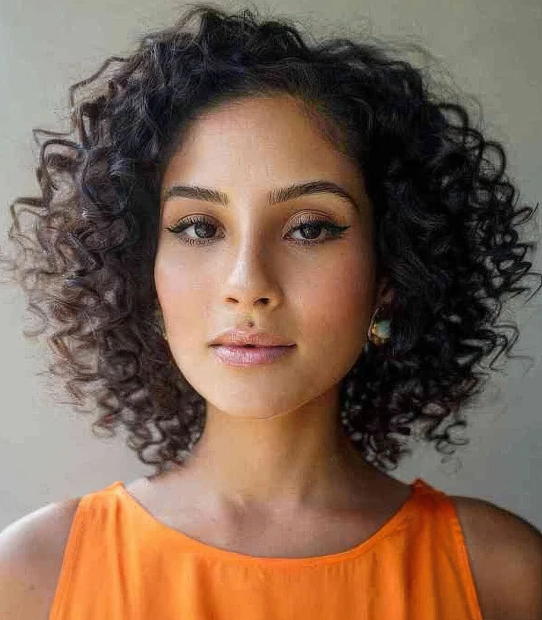 Layered curly bob in dark brown and almost black, with a messy part.