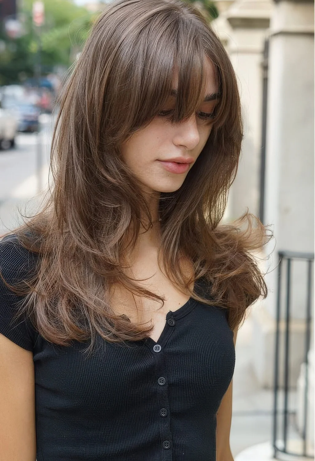 Chic light brunette long butterfly haircut with wispy bangs and waves.