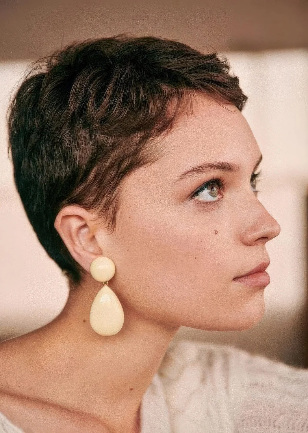 Photo showing dark brunette short pixie cut, with the hairstyle clearly visible.