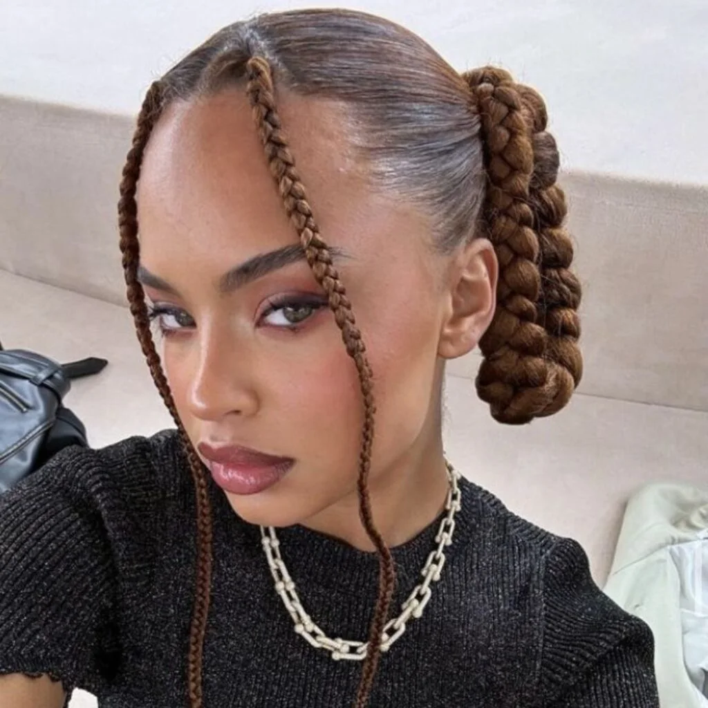 chest braids brunette ponytail shown as a bubble braid ponytail hairstyles idea