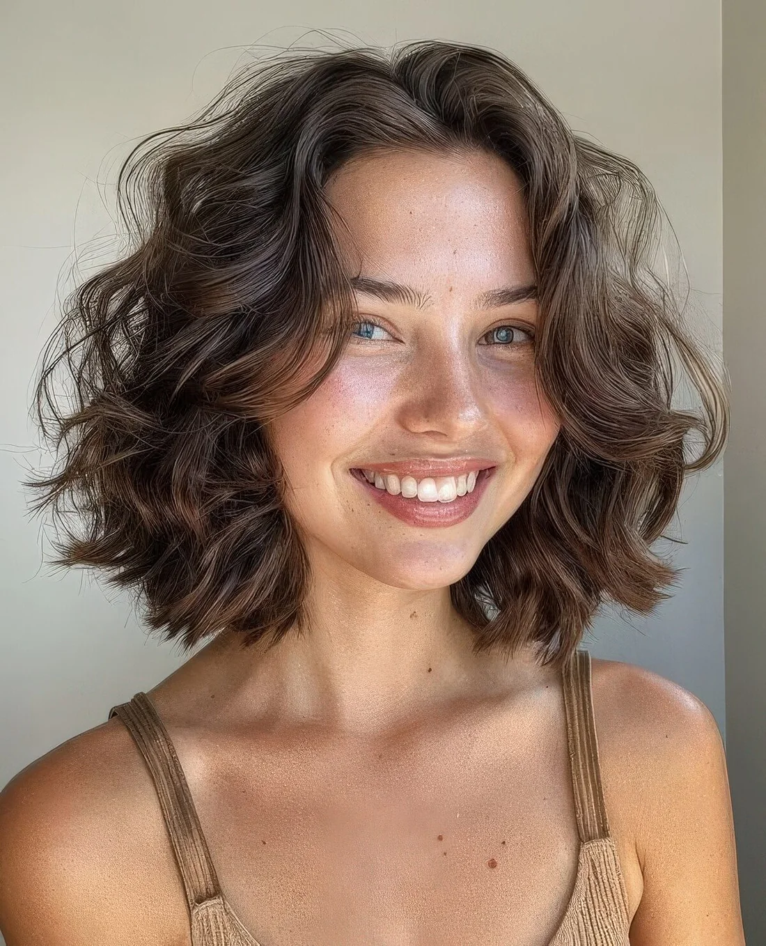 Messy long brown butterfly bob styled with soft and elegant waves and a lot of volume.