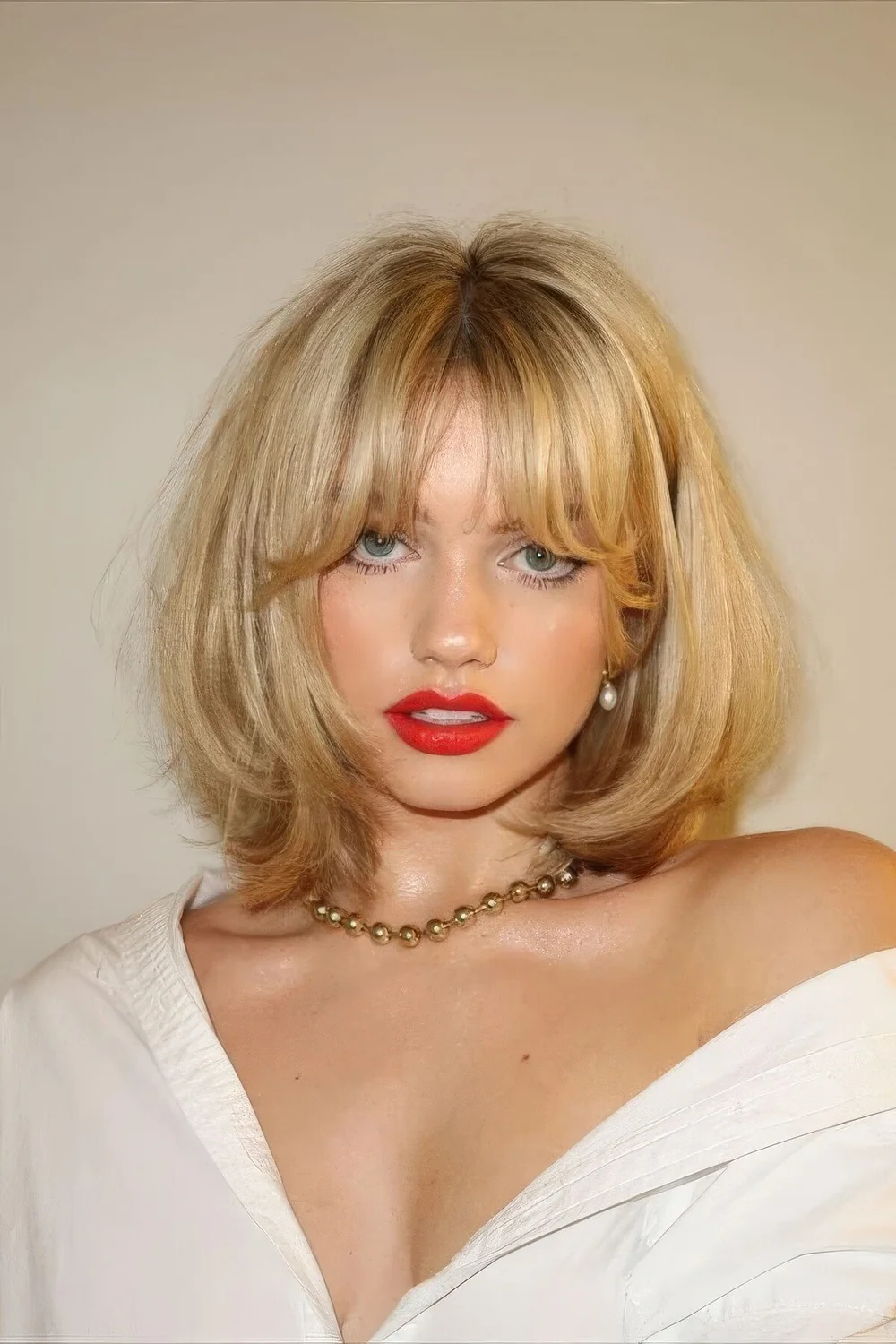 Golden blonde butterfly long bob with bottleneck bangs and curled ends.