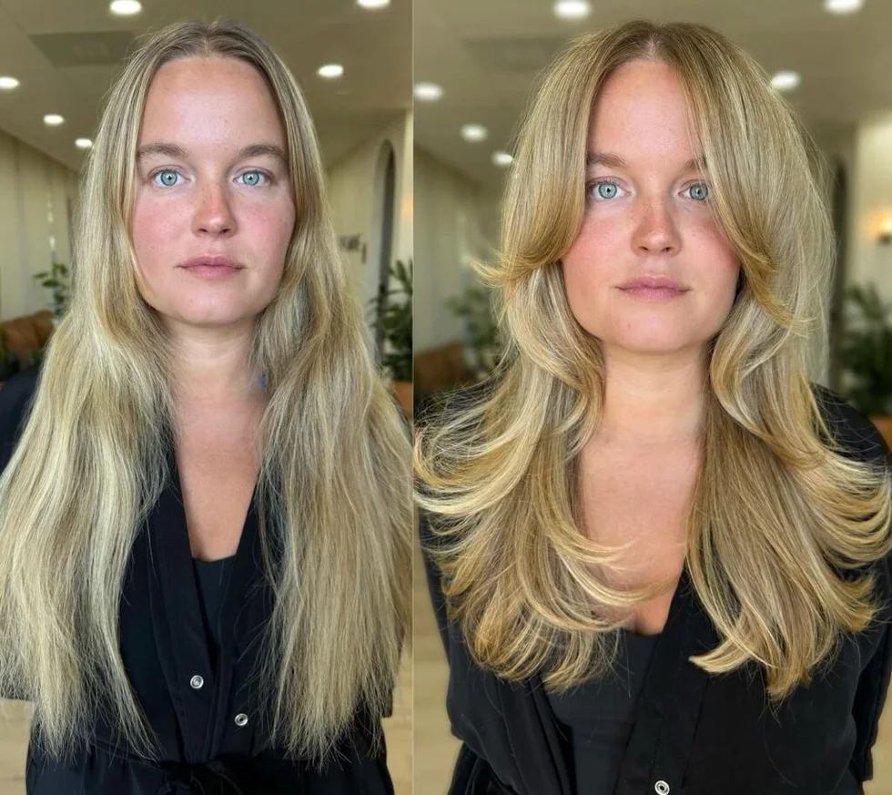 chest wavy blonde layers shown as a butterfly haircut long hairs idea