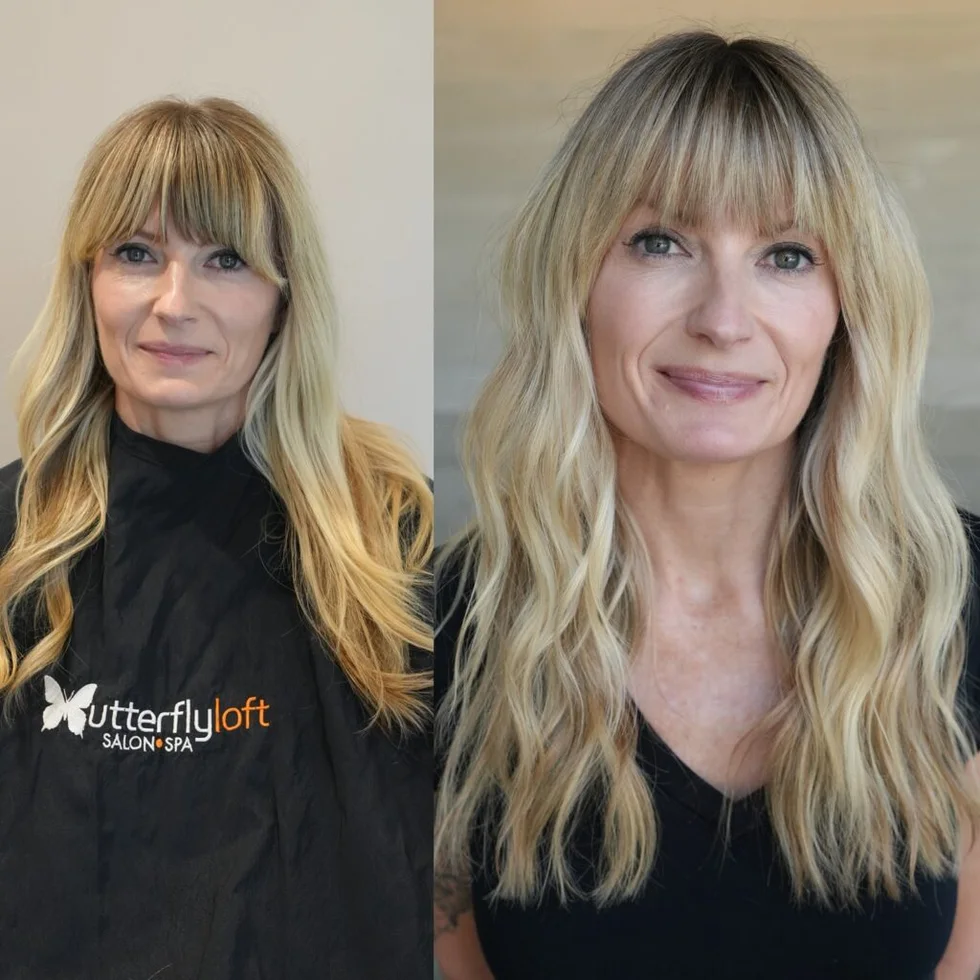 chest wavy ash layers with curtain fringe shown as a butterfly haircut long hairs idea
