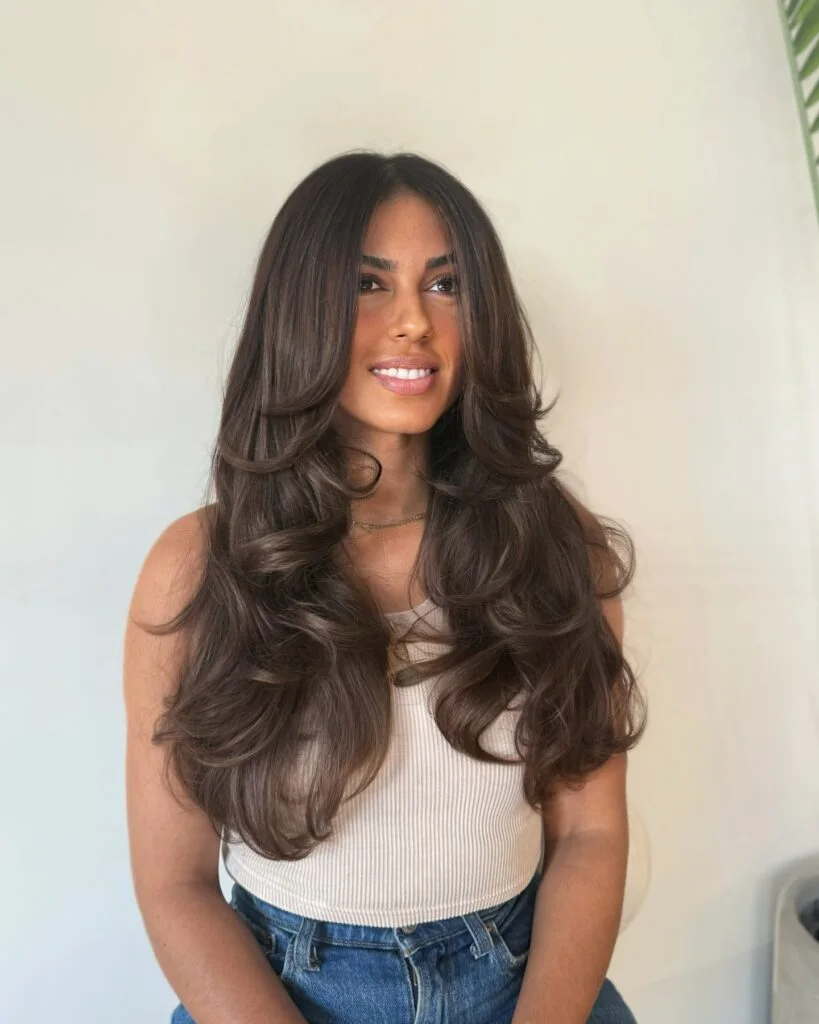 chest wavy honey layers shown as a butterfly haircut long hairs idea, featuring center part