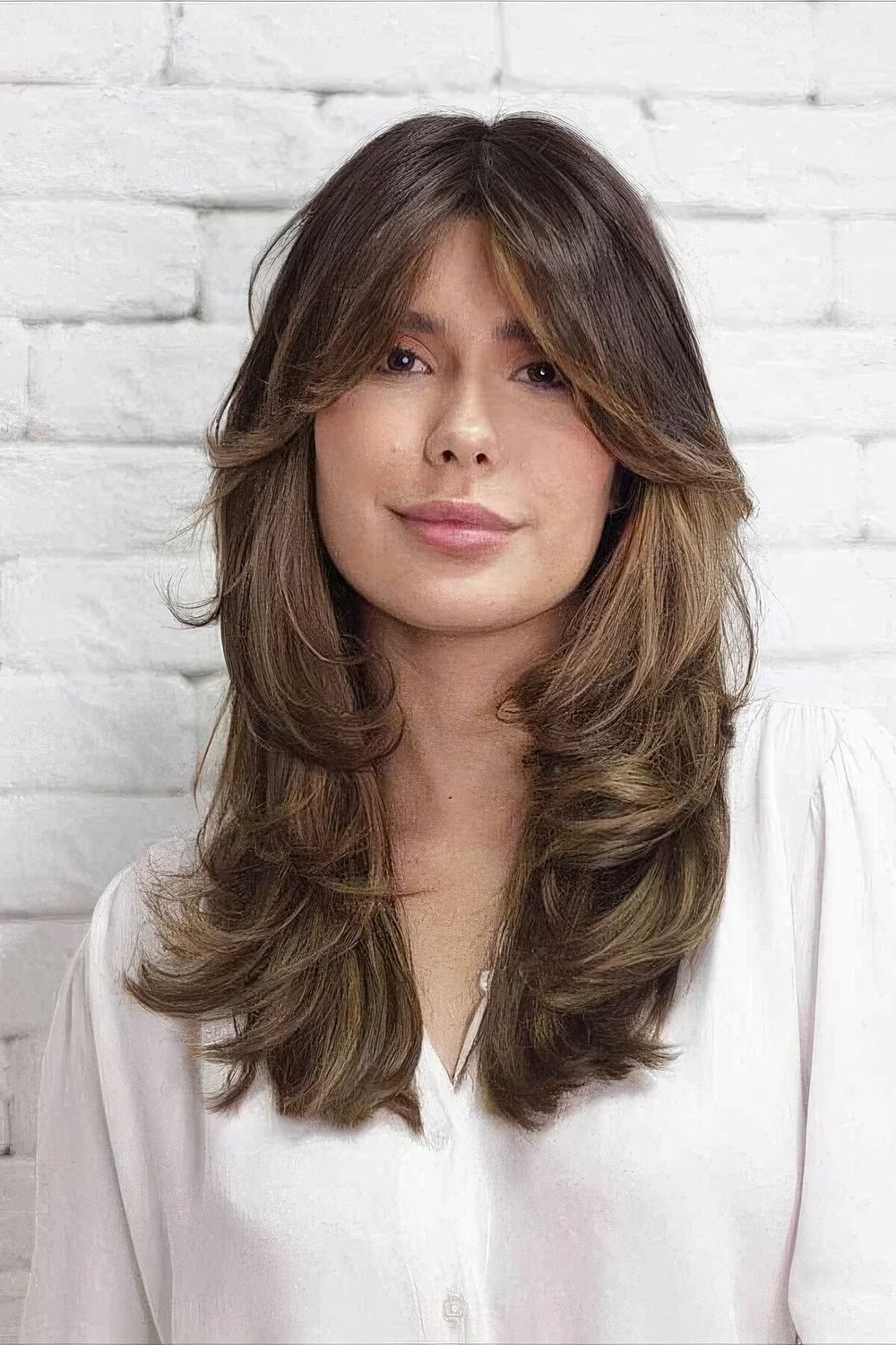 Splendid butterfly haircut in brown, with caramel balayage and curtain bangs.