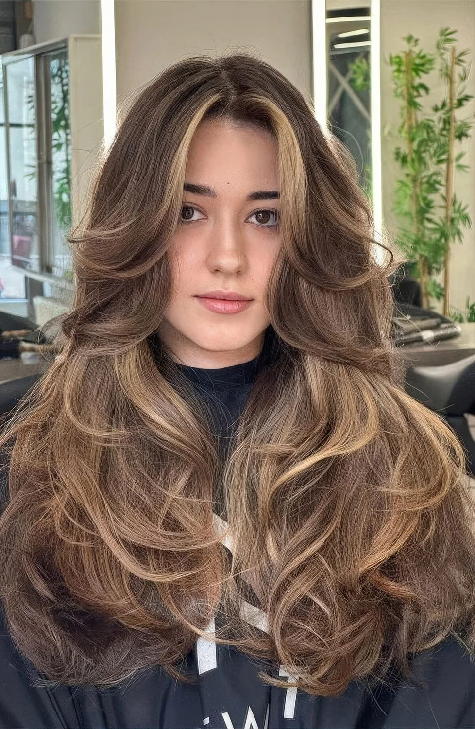 Long butterfly haircut with gorgeous layers including those face-framing ones and delicate blonde contouring.