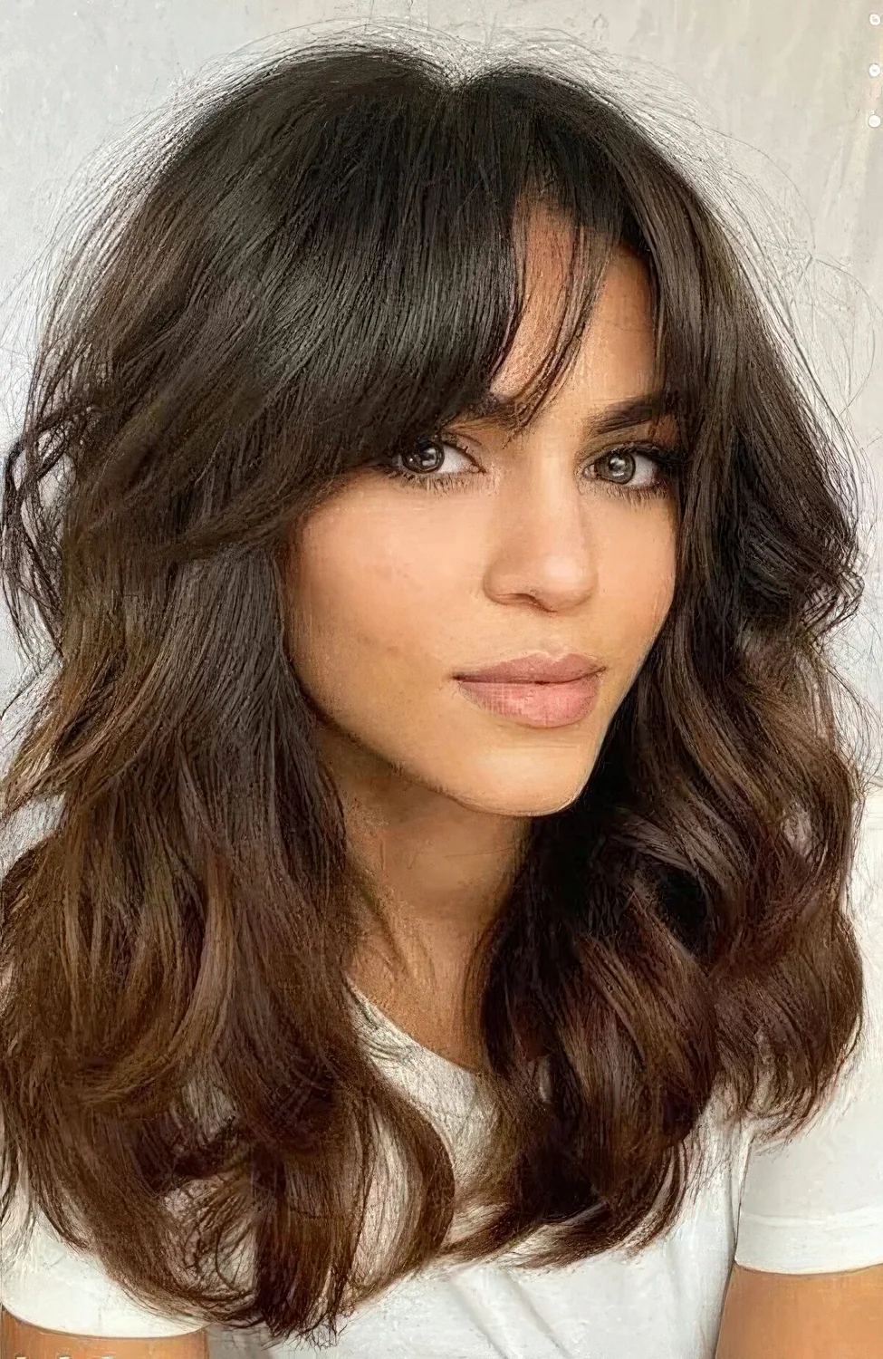 Medium butterfly haircut with wispy bangs and caramel balayage.