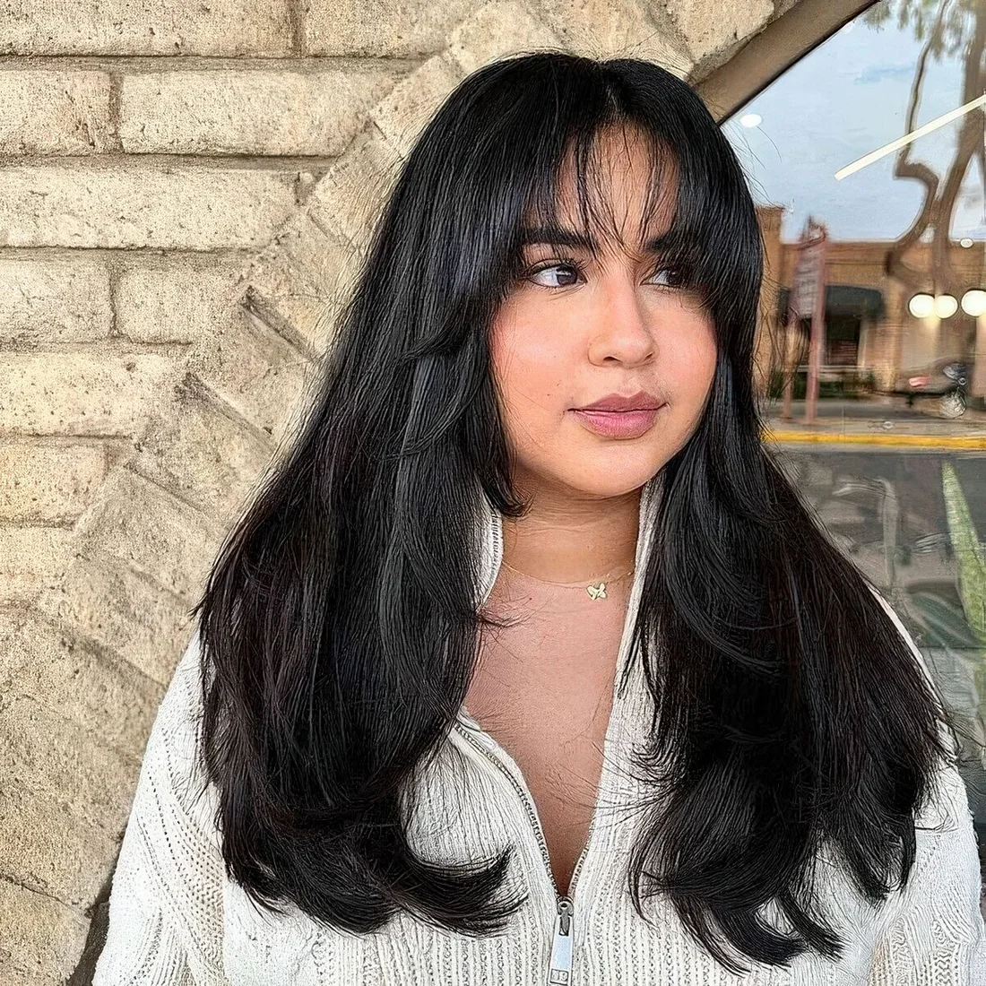 Long black butterfly haircut with wispy and curtain bangs and a lot of dimension.