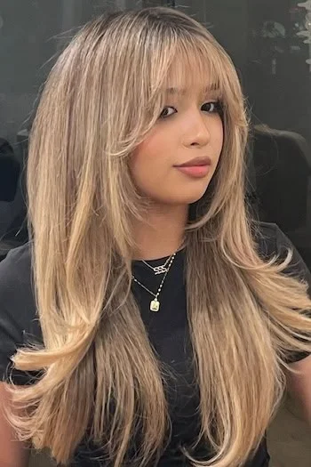 chest straight honey layers with curtain fringe shown as a butterfly haircuts with bangs idea