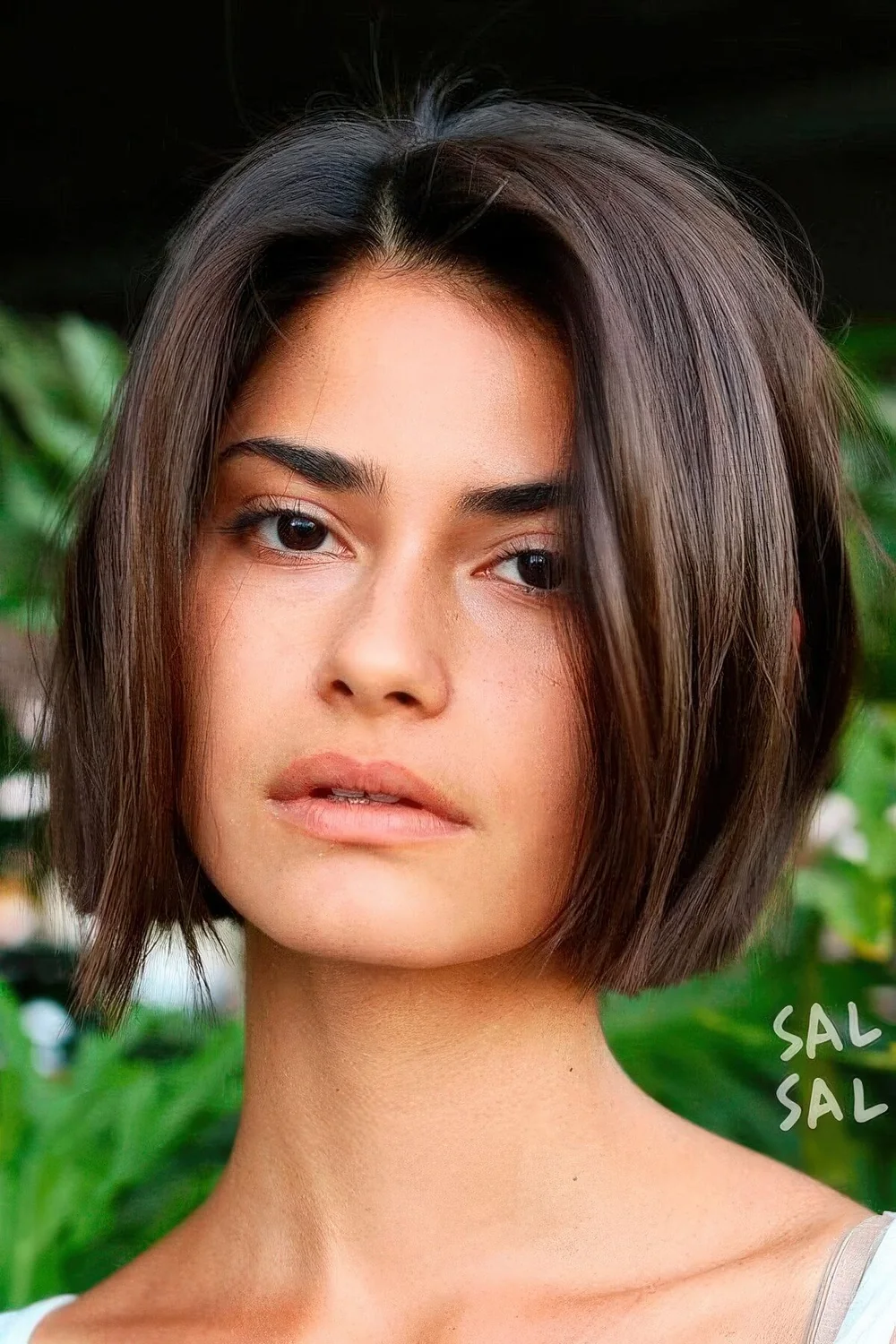 Chin-length chestnut bob with a lot of volume.