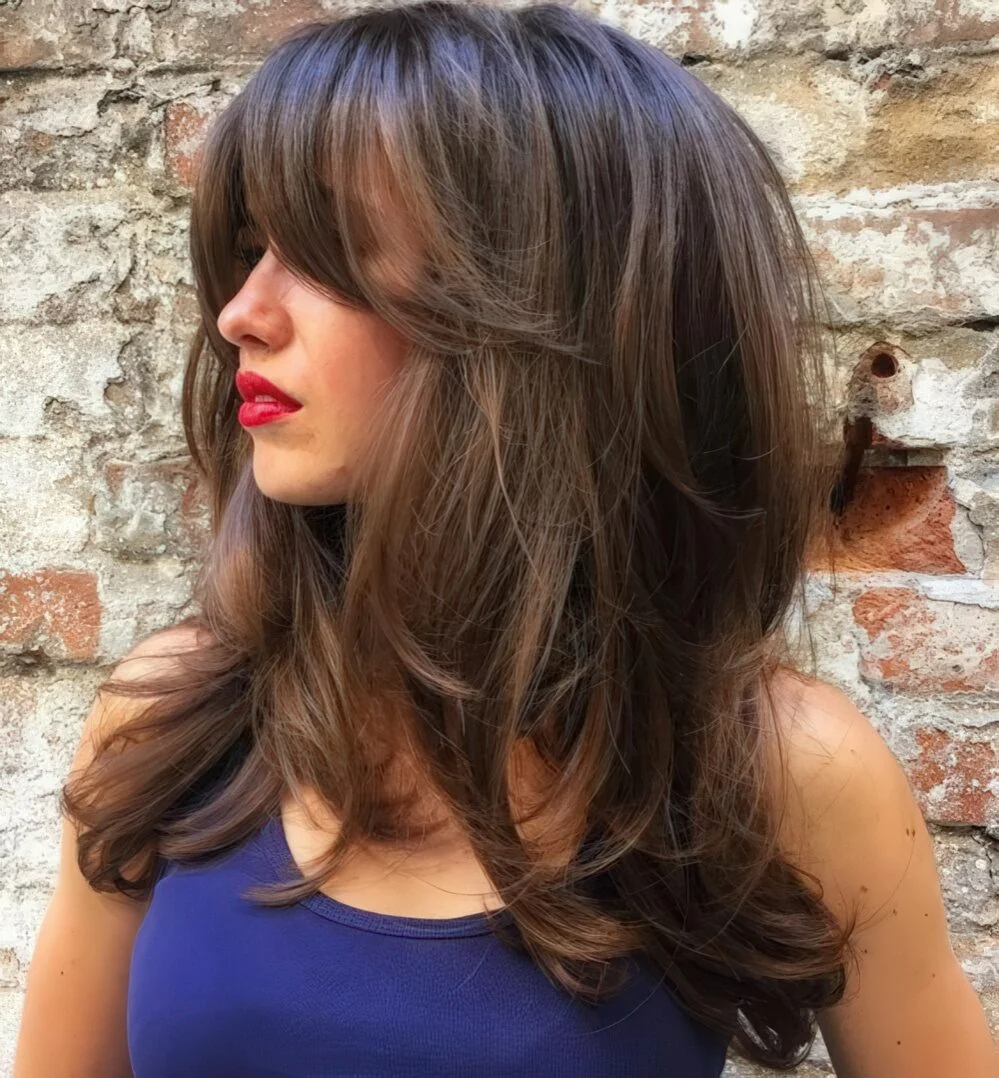 Photo showing layered brown hair wwith a bang, with the hairstyle clearly visible.