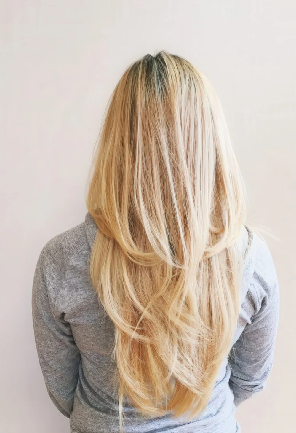 Layered long beige blonde straight hair in a V shape.