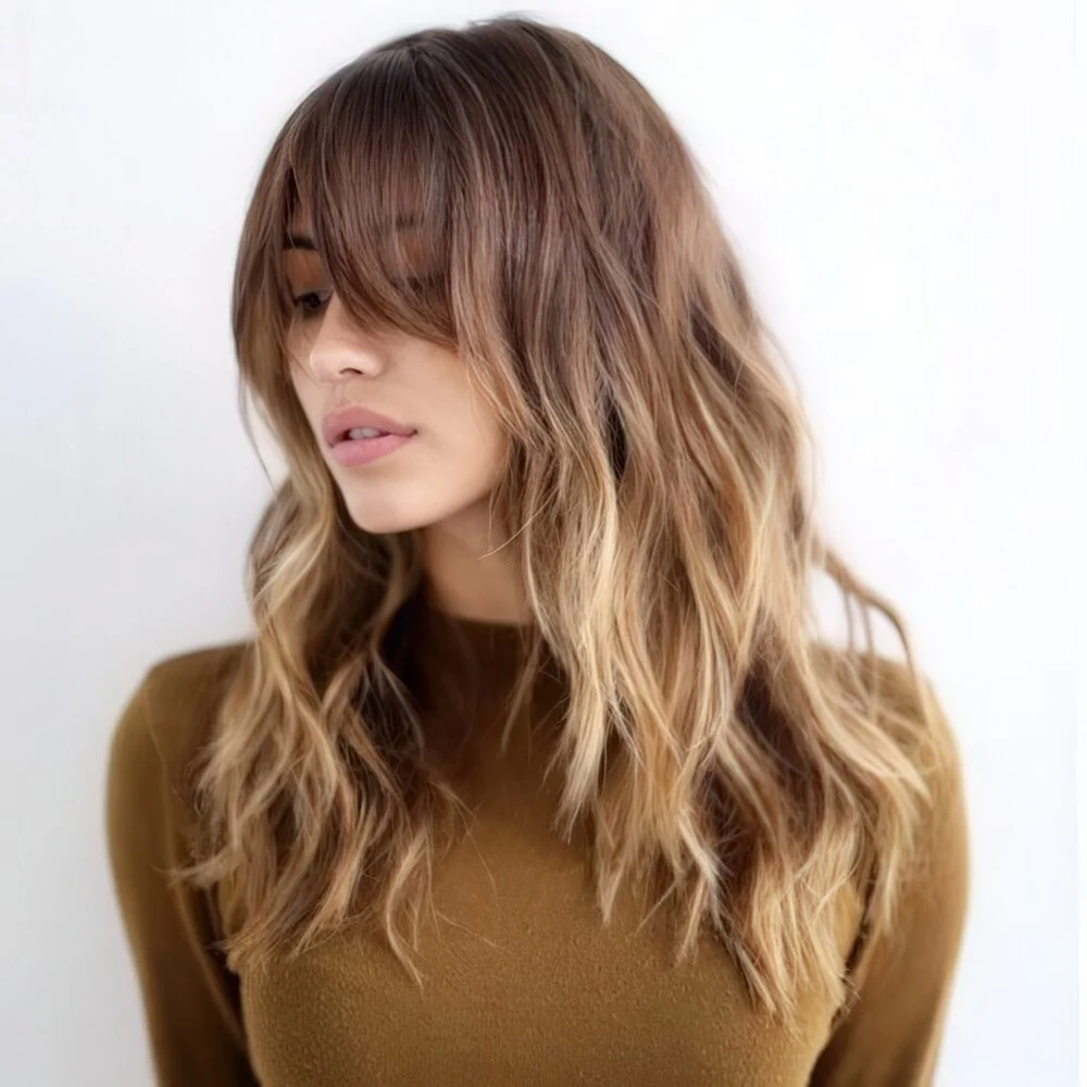Off center bangs, long layers and pretty, loose waves.