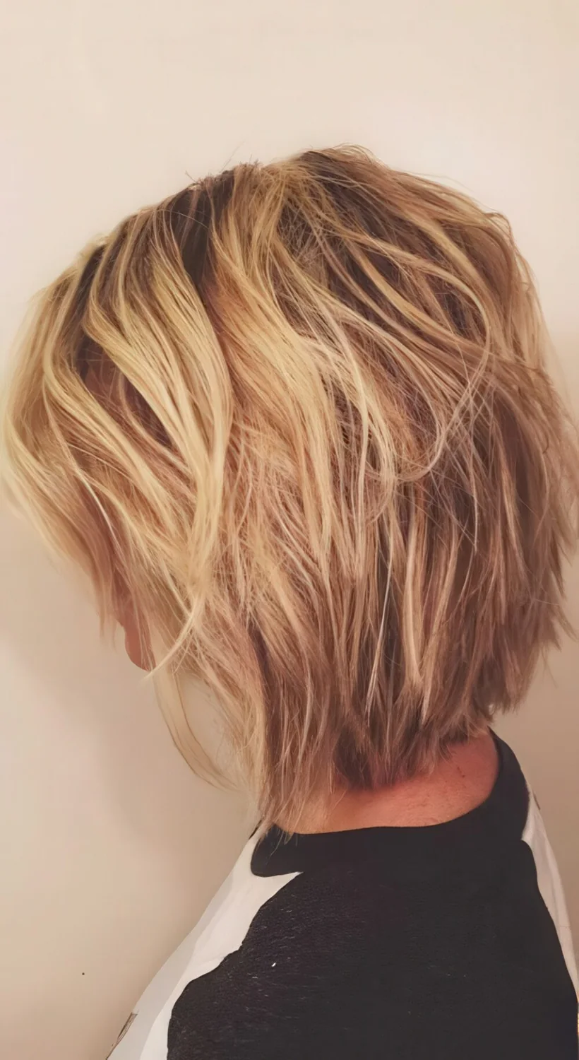 Short layered balayage blonde haircut.