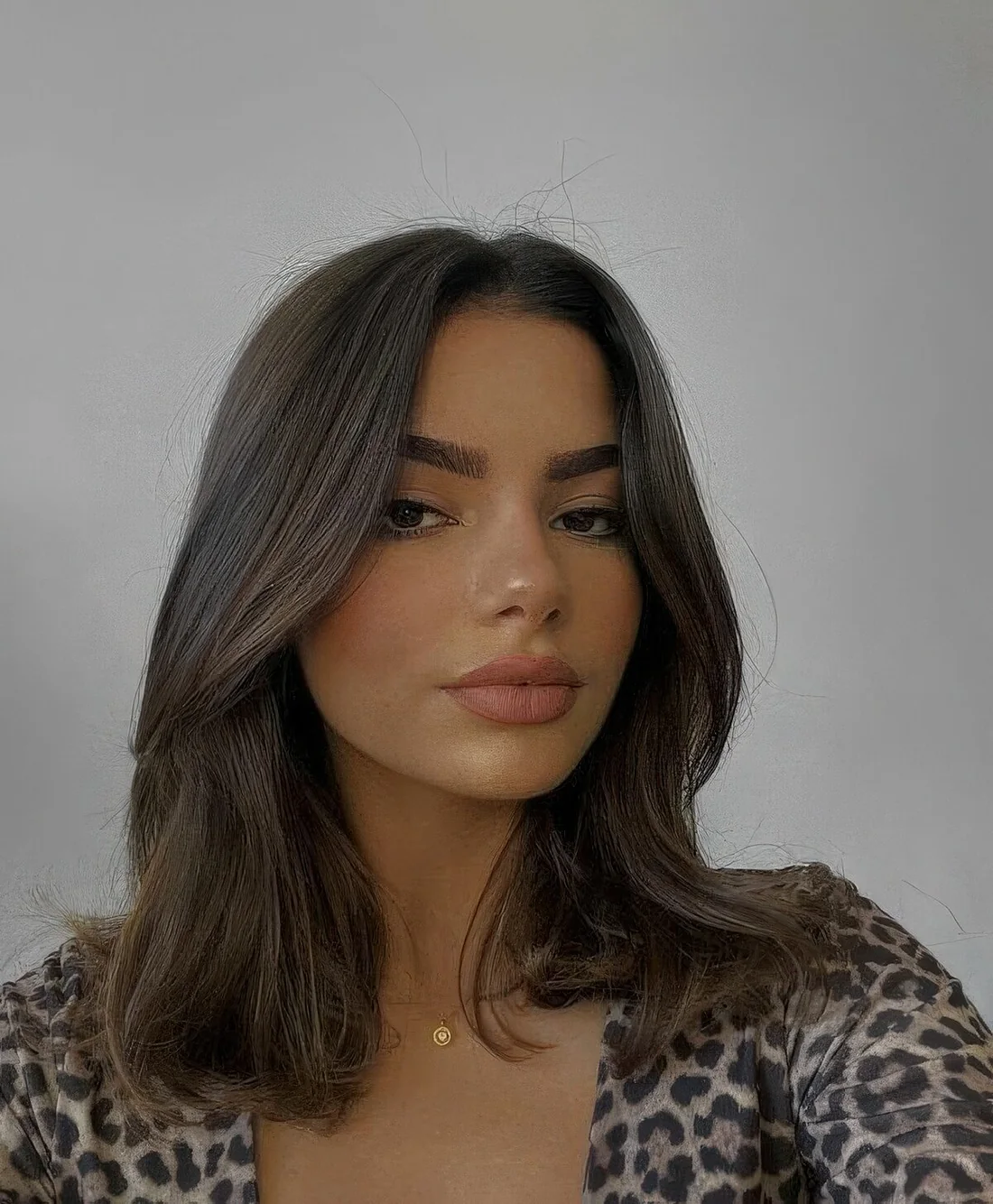 Medium dark brown hair with some highlights and chin bangs plus center part.