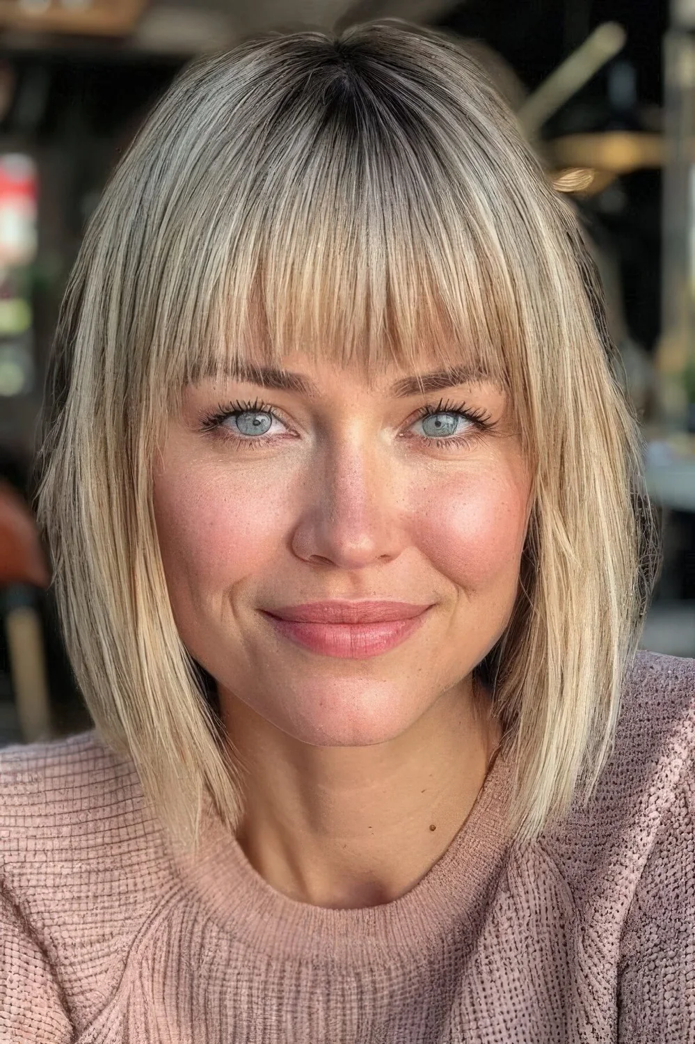 Photo showing blonde lob, with the hairstyle clearly visible.