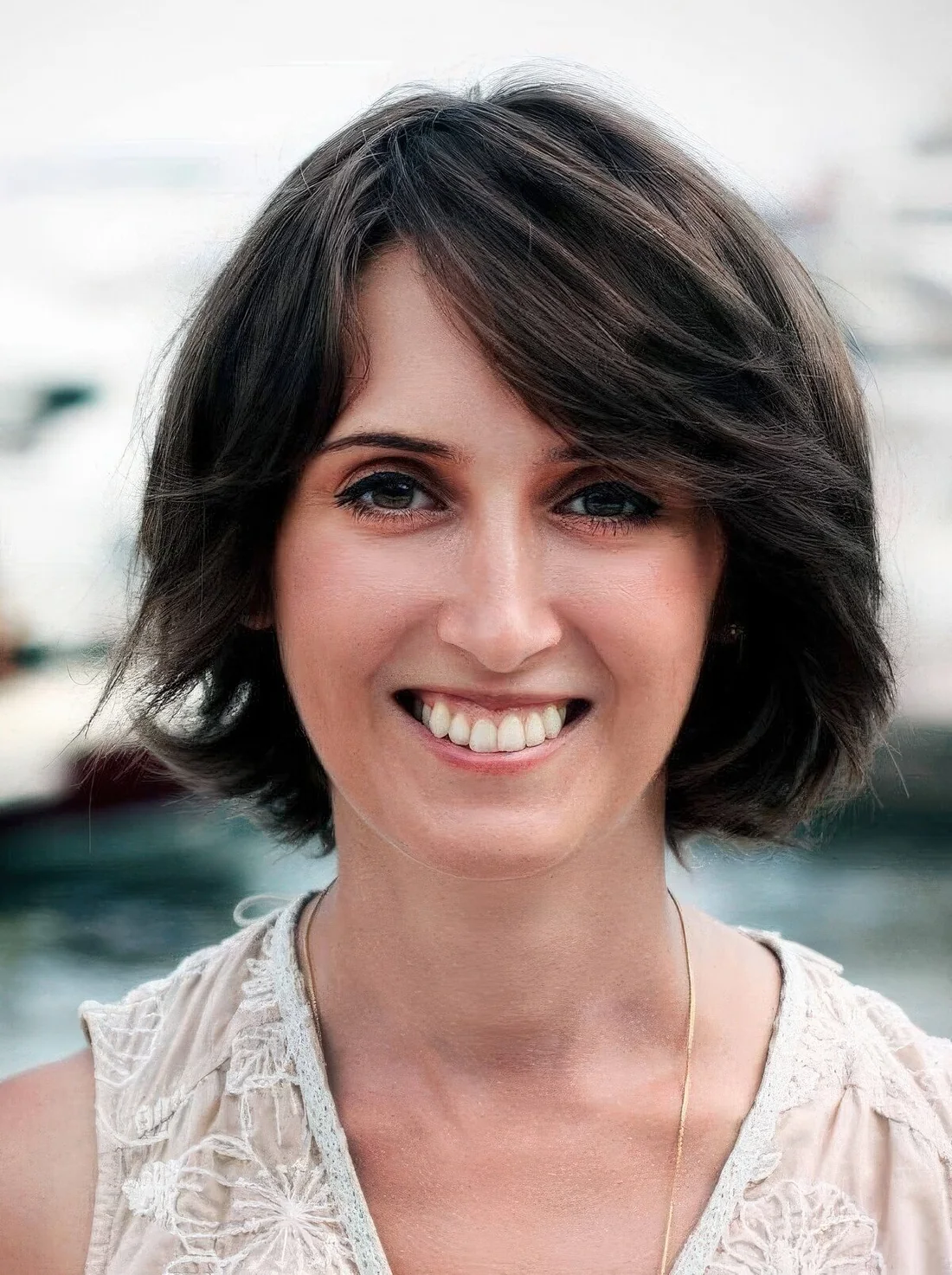 Brown textured bob with layers that.