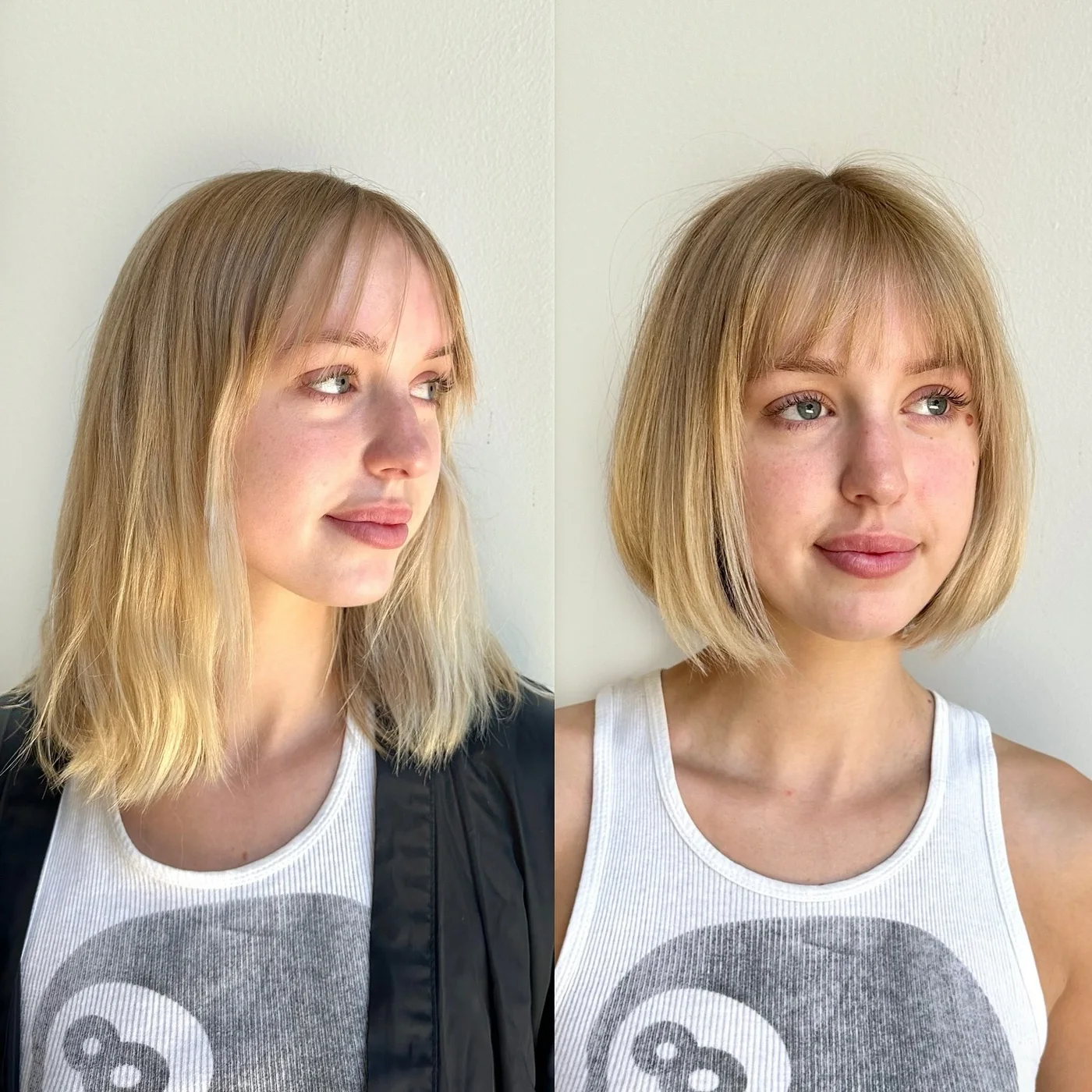 chin straight honey bob with wispy fringe shown as a choppy bob hairstyles for fine hair idea