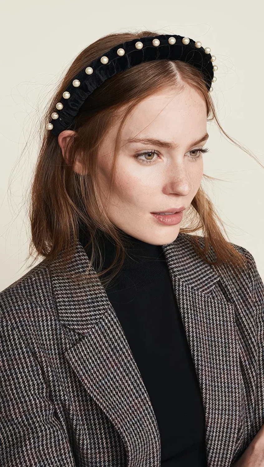 Photo showing velvet and pearl headband, with the hairstyle clearly visible.