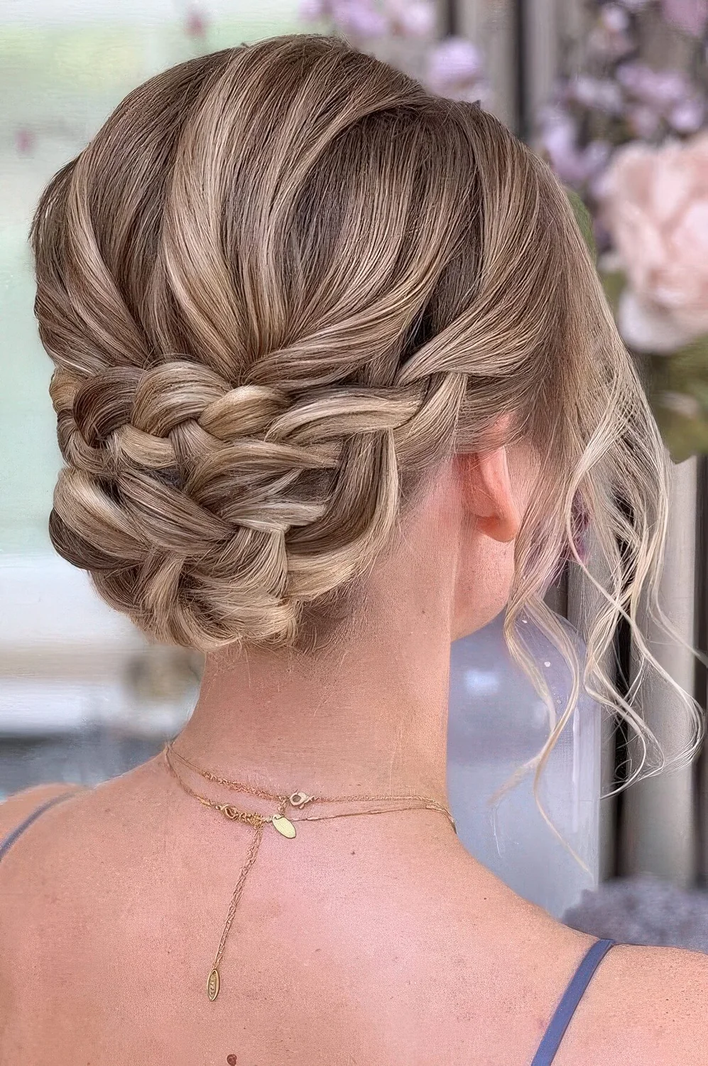 Braided updo with a volume on top and waves down.