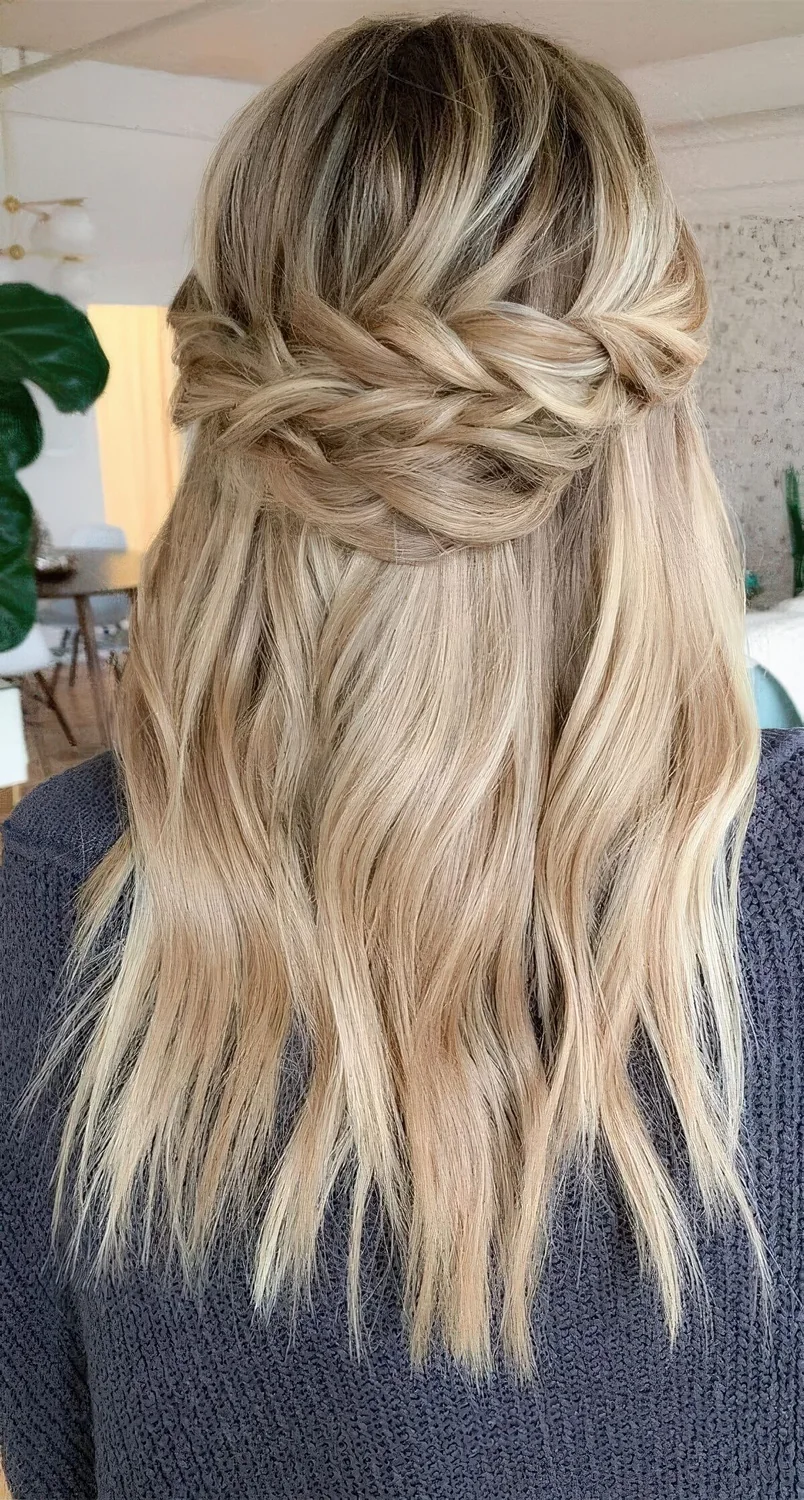 Classic half updo with a bump on top and a double braided halo plus some waves down.