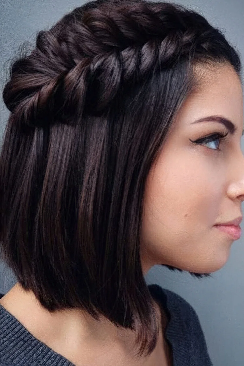 Long angled bob with a side fishtail braid that.