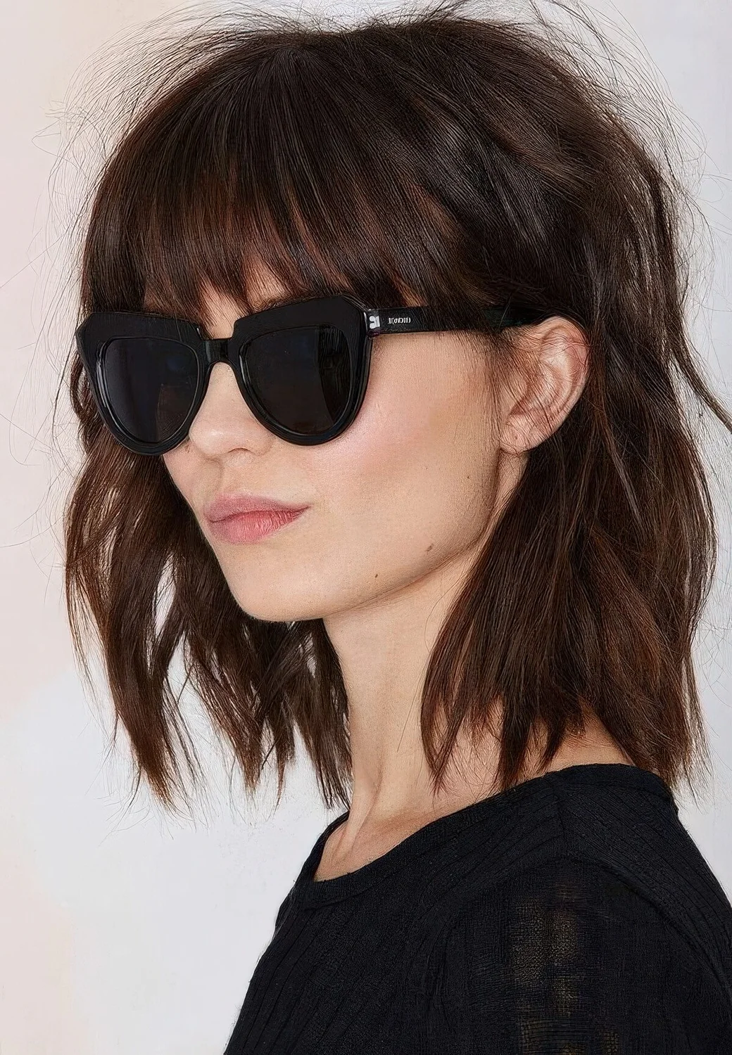 Shaggy brown shoulder-length collarbone bob with classic bangs and messy waves.