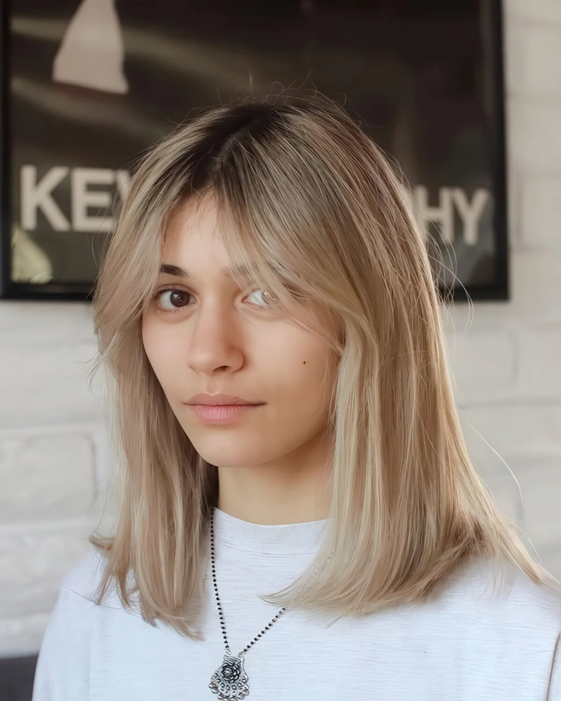 Relaxed blonde shade with a darker root, curtain bangs.