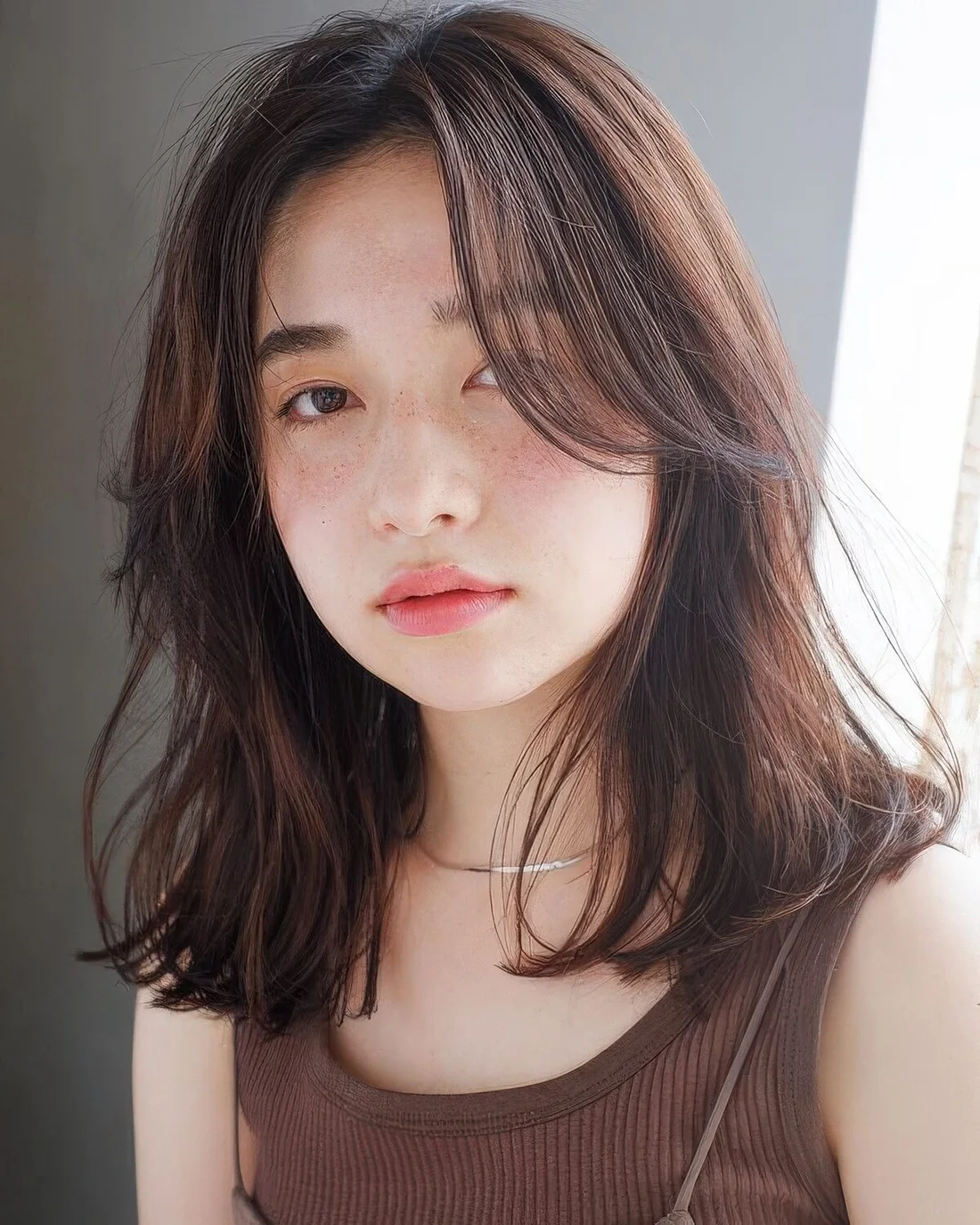 Brunette medium-length locks with texture and curtain bangs are amazing and look very relaxed and cool.