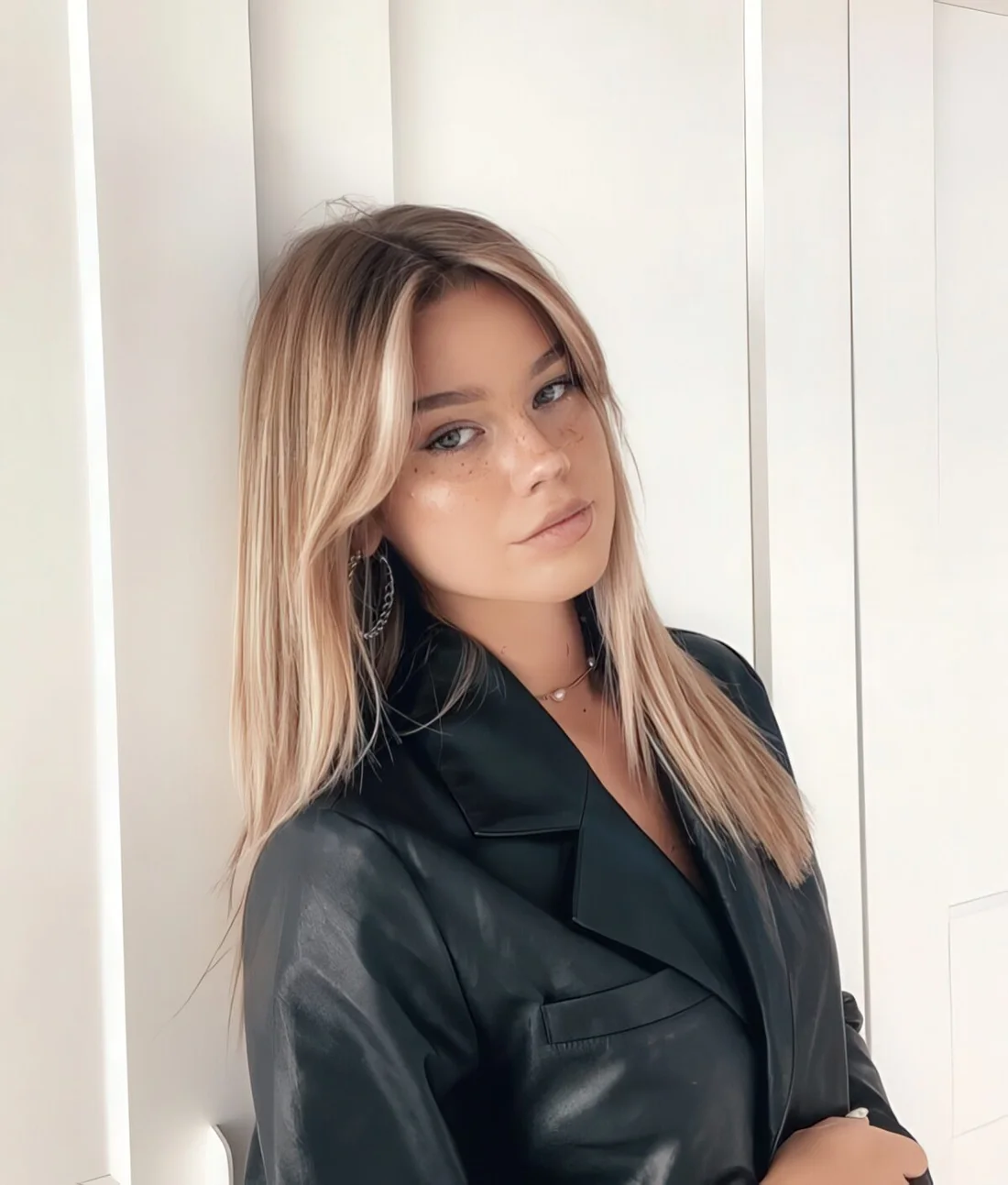 Long hair with icy blonde balayage, a darker root and long curtain bangs.