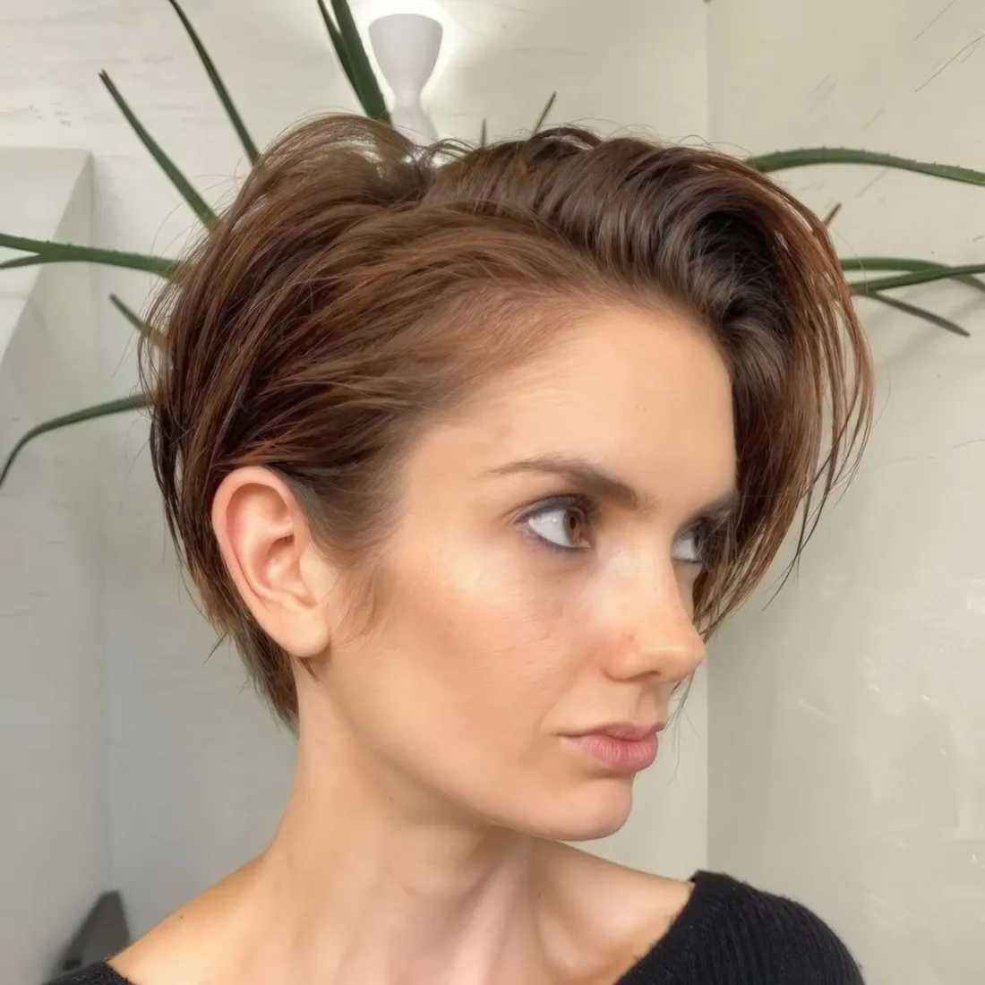 Photo showing brown long pixie, with the hairstyle clearly visible.