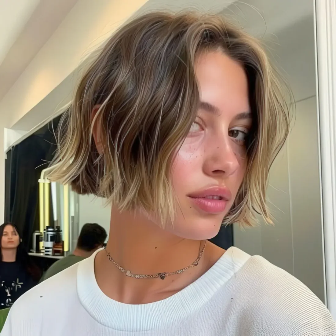 Photo showing lip length bob, with the hairstyle clearly visible.