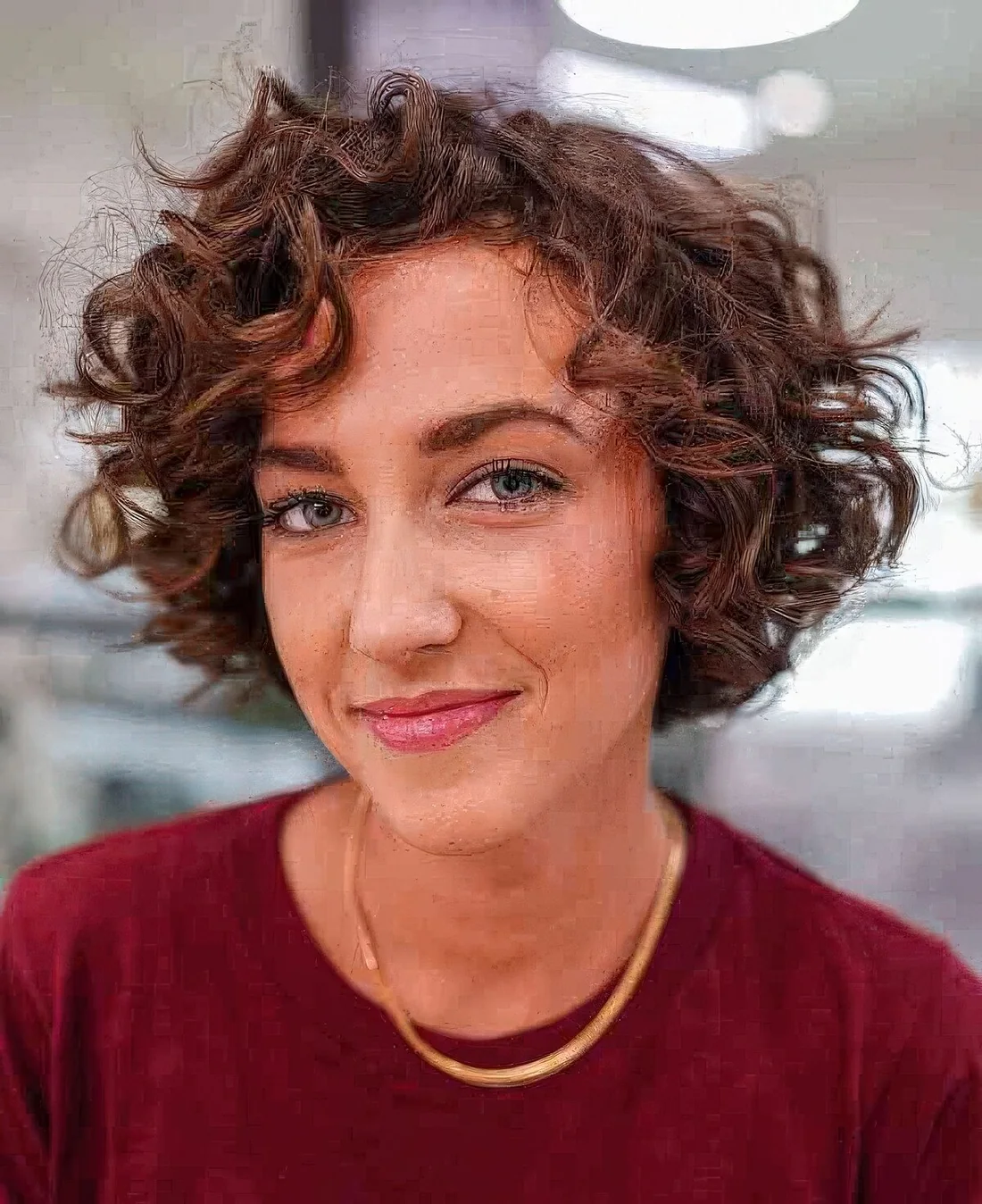 Short curly bob with square layers to maintain bouncy nature.
