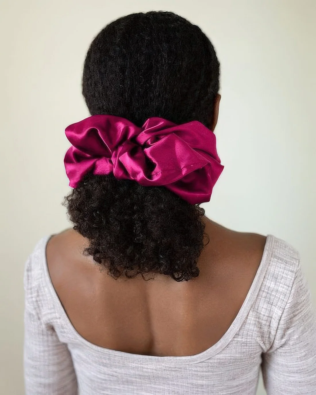 Photo showing scrunchie hairstyle, with the hairstyle clearly visible.