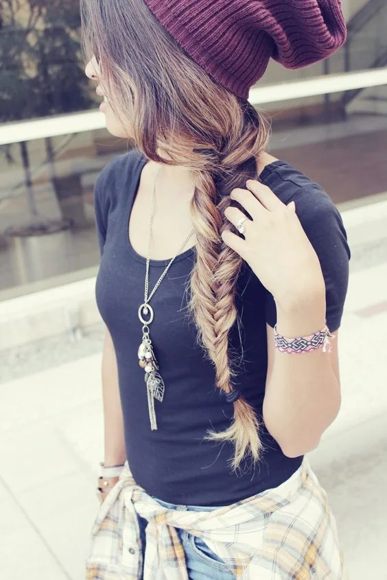 Fishtail braid under a beanie always.