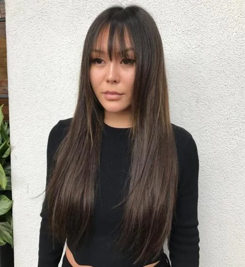 Long dark brown hair paired up with long wispy bangs.